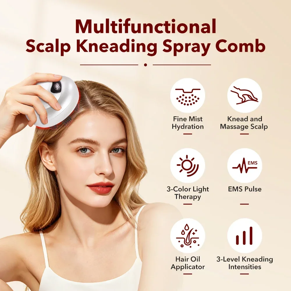 Scalp Massager Electric - Kopfhautmassagegerät mit Rot-Blau-Licht, 3-Modus-Knetmassagekamm mit Ölspray-